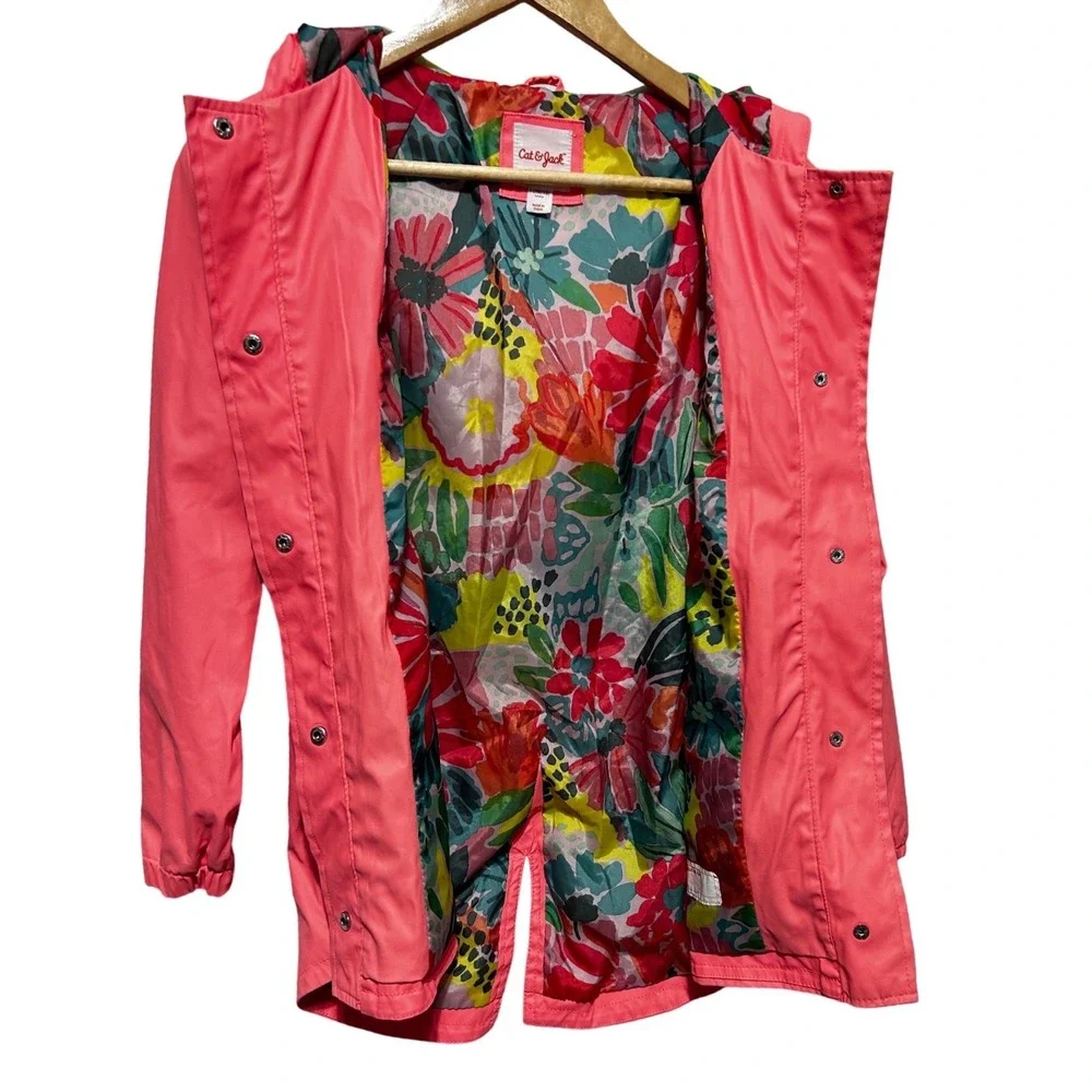 Cat And Jack Girl Rain Jacket L Pink Hooded Floral Lined Lightweight Windbreaker